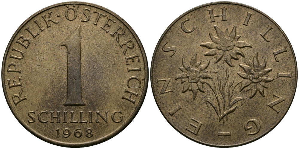 АВСТРИЯ 1 ШИЛЛИНГ 1968 KM 2886 алюминиевая бронза 98-116