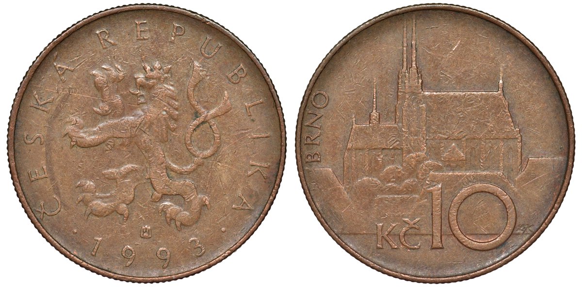 Чехия 10 крон 1993 кафедральный собор, город Брно KM 4 сталь плакированная медью 51-2857