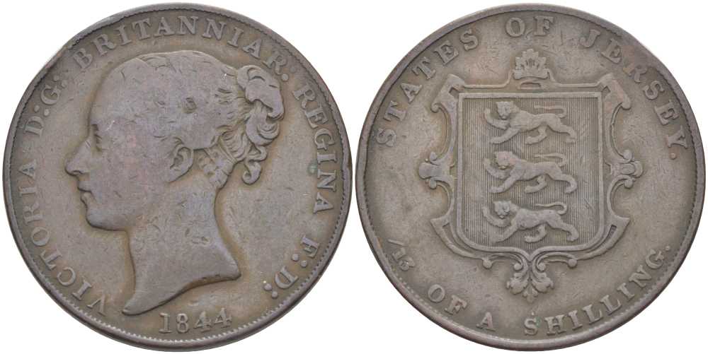 Джерси 1/13 шиллинга 1844 Виктория (1837-1901), большой формат KM 3 медь 3996-414
