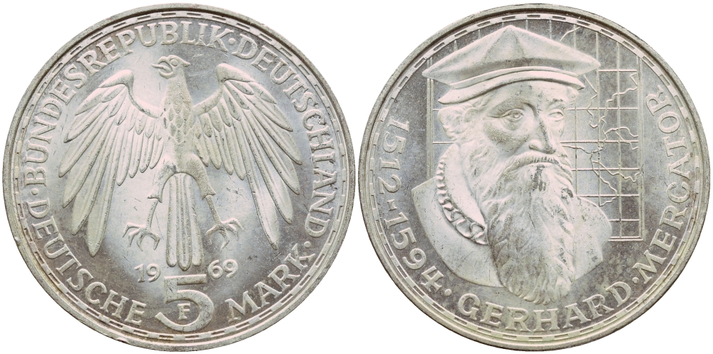 ФРГ 5 марок 1969 F, 375 лет со дня смерти Герарда Меркатора J. 400, KM 126.1 серебро aUNC 1529-225