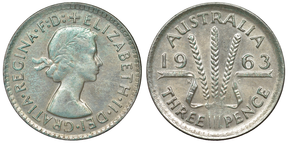 Австралия 3 пенса 1963 m, Елизавета II (1952-2022) KM 57 серебро 71-857