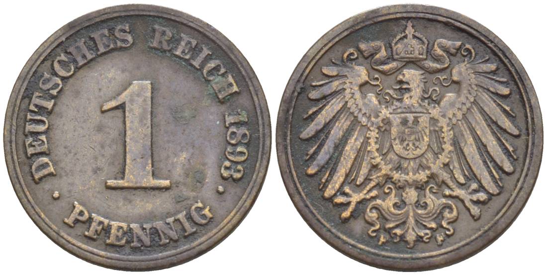 ГЕРМАНИЯ 1 ПФЕННИГ 1893 F KM 10, Jager. 10, Weege 2 медь 4528-1128