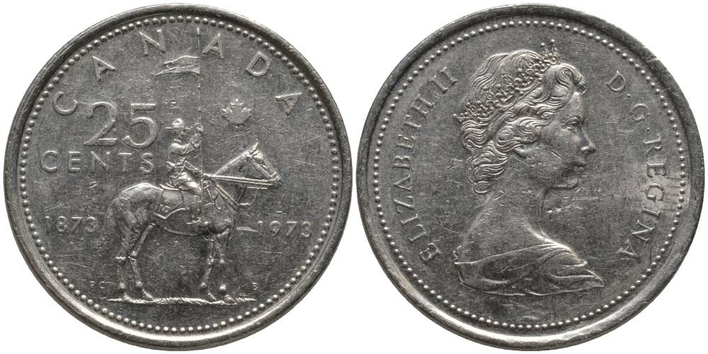 Канада 25 центов 1973 100 лет канадской горной полиции (1873-1973), Елизавета II (1952-2022) KM 81 никель 181-321