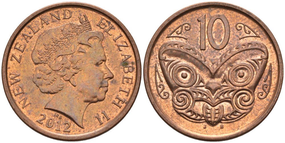 Новая Зеландия 10 центов 2012 маска Маори, Елизавета II (1952-) KM 117а сталь плакированная медью 68-1211