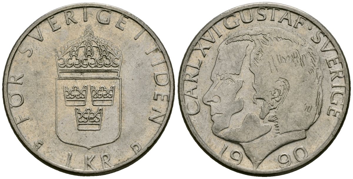 Швеция 1 крона 1990 Карл XVI Густав (1973- ) KM 852a медь плакированная медно-никелем 4176-613