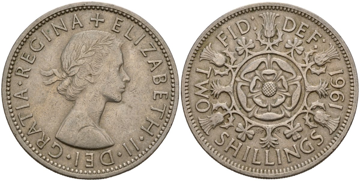 Великобритания 2 шиллинга (флорин) 1961 Елизавета II (1952-2022) KM 906, Spink 4146 медно-никель 4187-1111