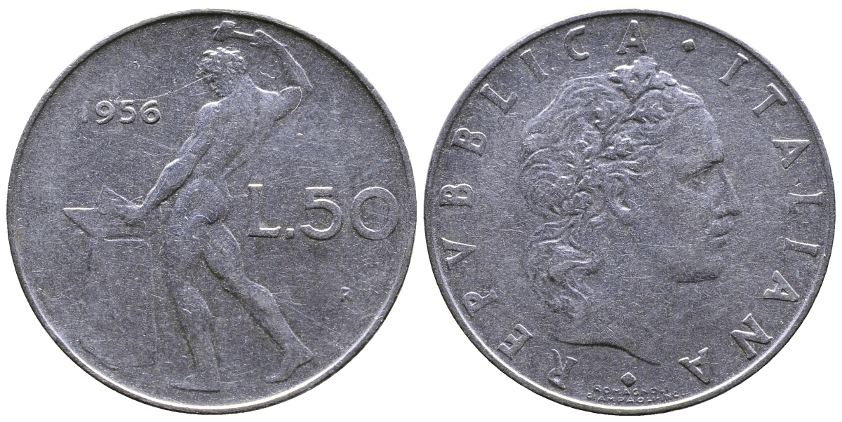 Италия 50 лир 1956 R, бог огня Вулкан у наковальни KM 95.1 нержавеющая сталь 4383-1032