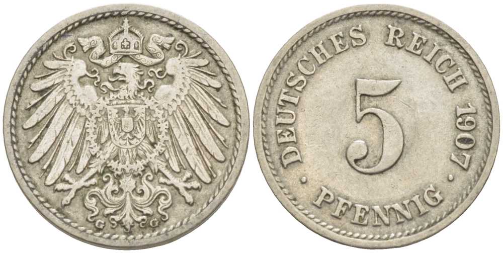 ГЕРМАНИЯ 5 ПФЕННИГОВ 1907 G KM 11, J. 12 медно-никель 105-127