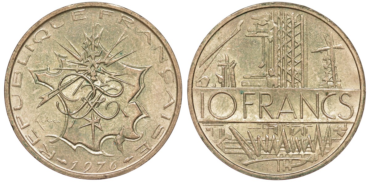 Франция 10 франков 1976 тип Матье KM 940, Le Franc 365.7-8 никель латунь 51-4026