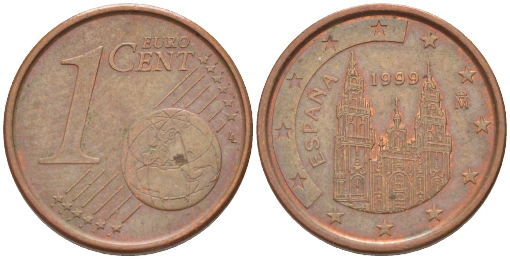 ИСПАНИЯ 1 ЕВРОЦЕНТ 1999 KM 1040 сталь плакированная медью 112-462