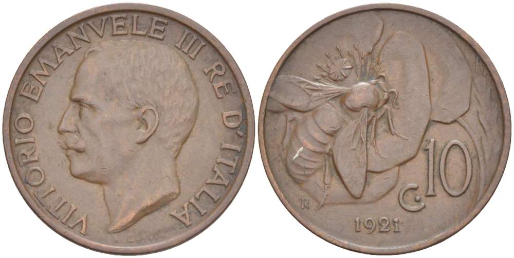 ИТАЛИЯ 10 ЧЕНТЕЗИМО 1921 R, МОНДВОР РИМ, ВИКТОР ЭММАНУИЛ III (1900-1946) KM 60 медь 4525-231