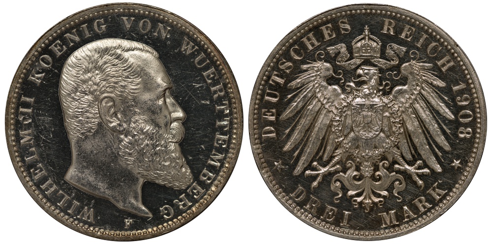Вюртемберг 3 марки 1908 F, Вильгельм II (1891-1918) Weege 171, J.175, KM 635 серебро PROOF 00-816-53