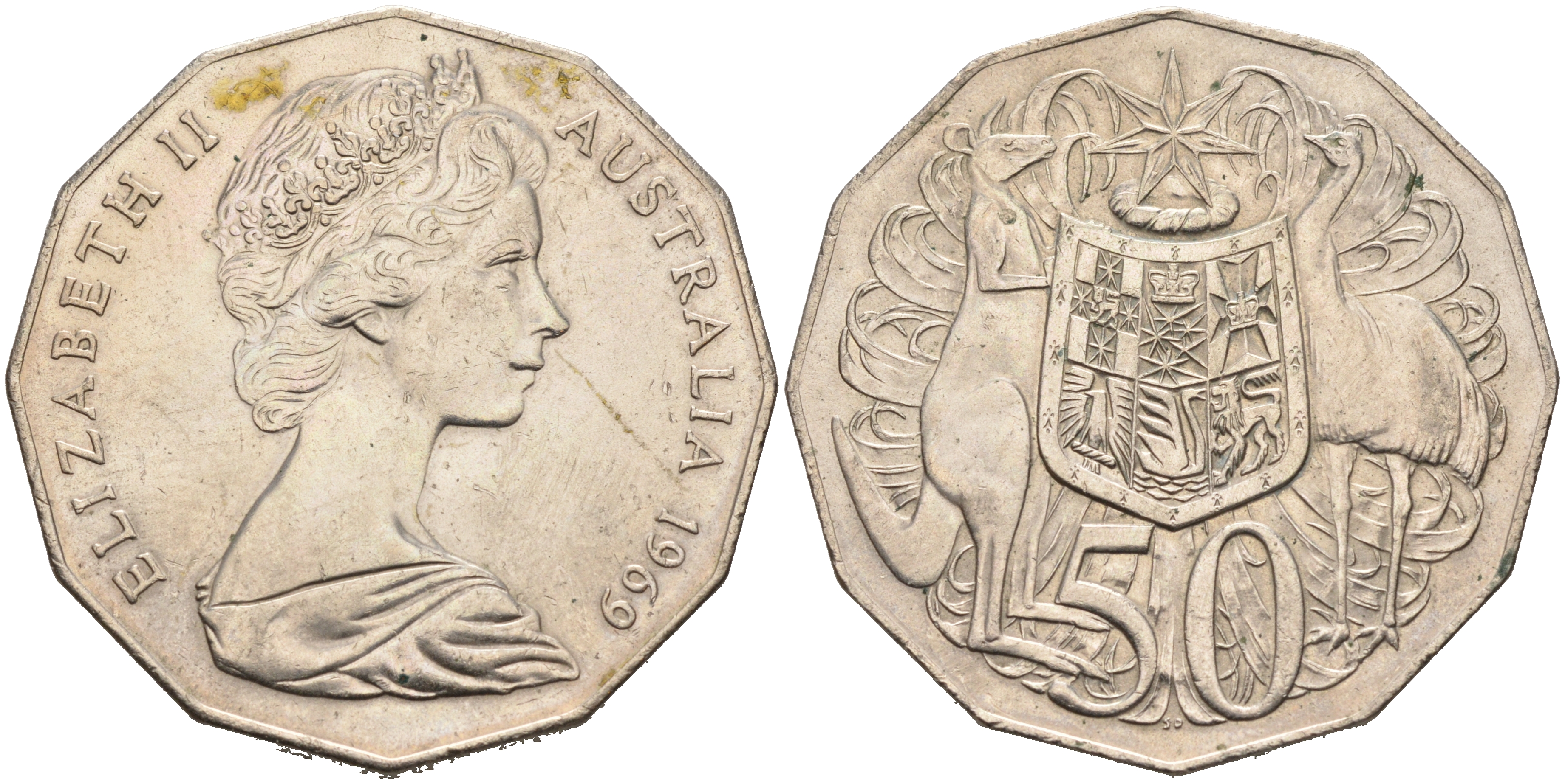 Австралия 50 центов 1969 Елизавета II (1952-2022), герб Австралии, кенгуру KM 68 медно-никель 4565-841