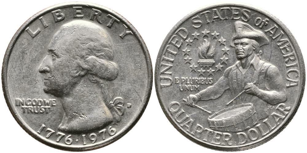 США 25 центов = квотер 1976 D, 200 лет независимости (1776-1976), Вашингтон, барабанщик KM 204 медь плакированная медно-никелем 3336-653