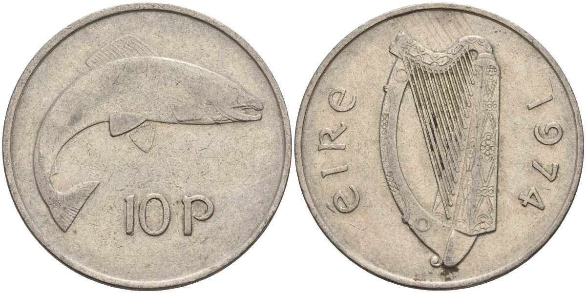 Ирландия 10 пенсов 1974 лосось KM 23 медно-никель 4144-1021