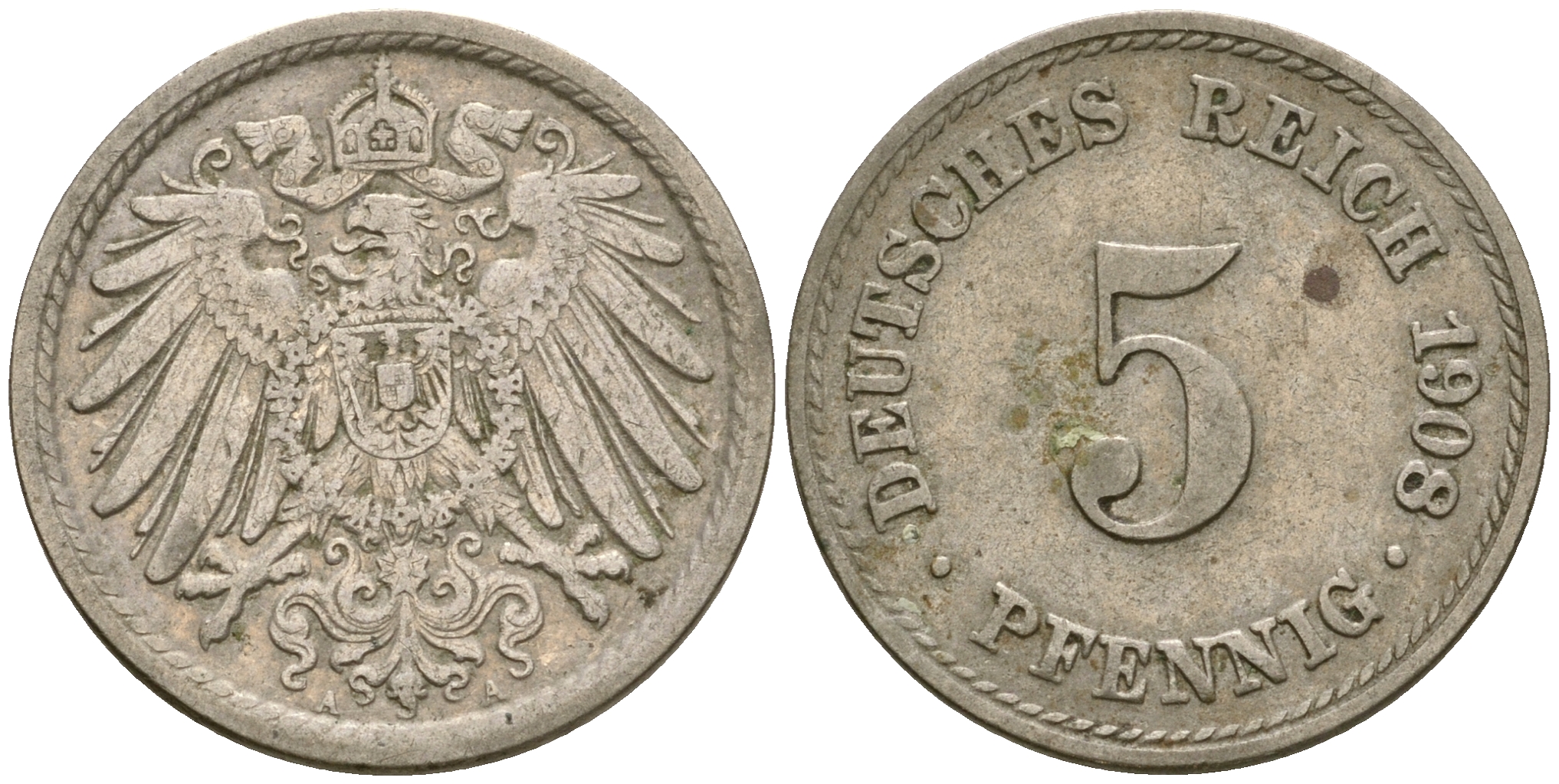 Германия 5 пфеннигов 1908 A KM 11, Jager 12, Weege 6 медно-никель 4364-4523