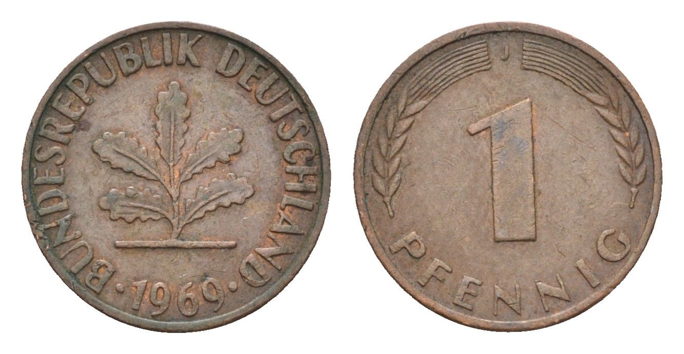 ФРГ 1 пфенниг 1969 J KM 105 J. 380 сталь плакированная медью 4685-1222
