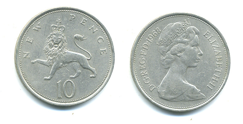 Великобритания 10 пенсов 1968 Елизавета II (1952-2022) KM 912, Spink 4231 (F1) медно-никель 4383-937