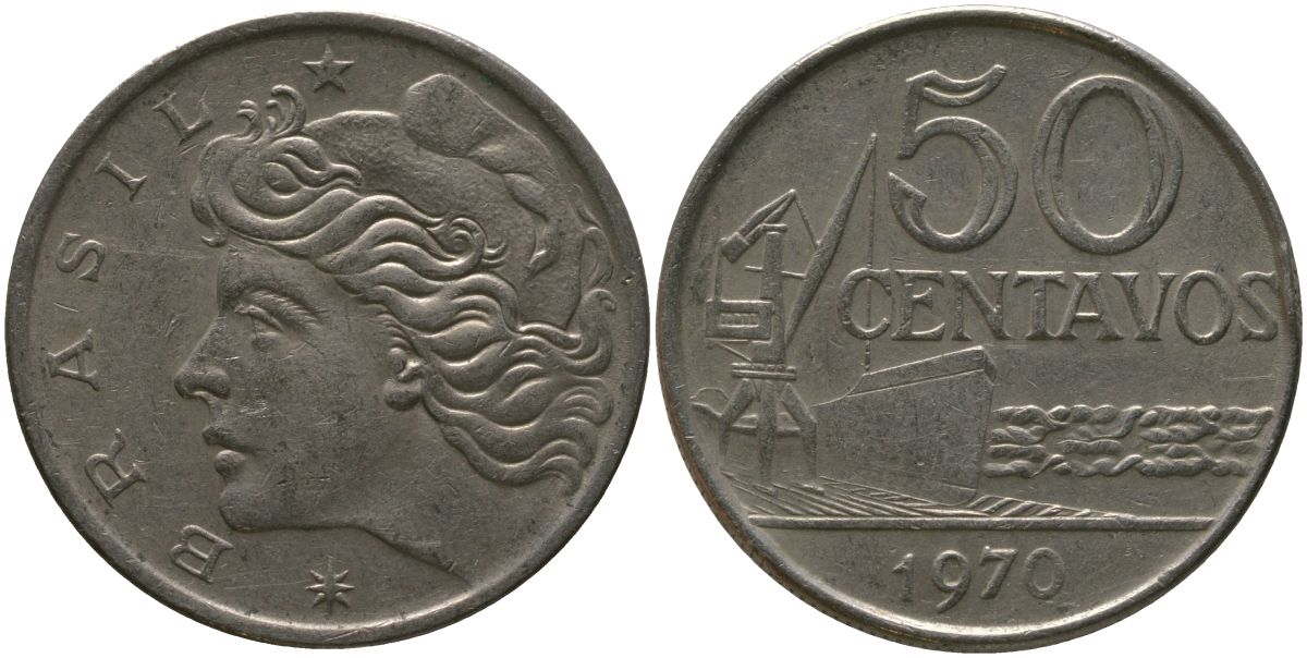 Бразилия 50 сентаво 1970 голова свободы влево KM 580a, Schon 85a медно-никель 4577-823