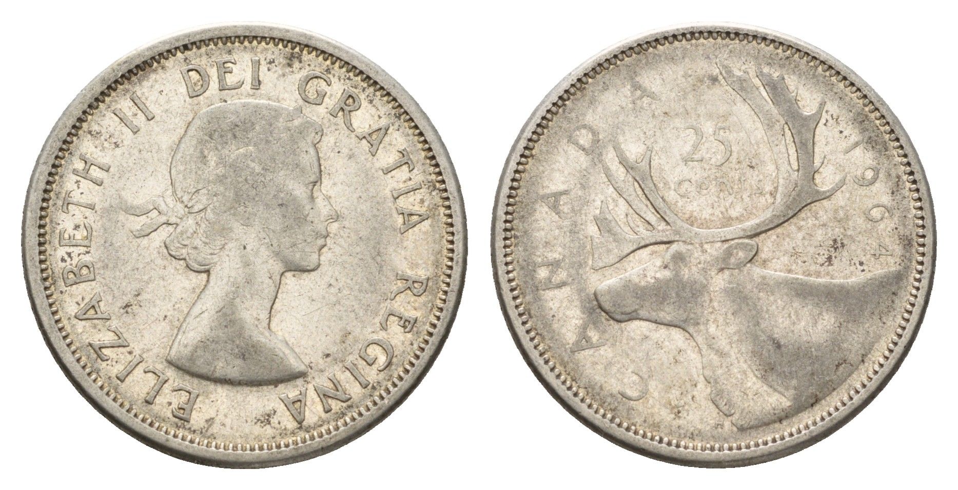 Канада 25 центов 1964 Елизавета II (1952-2022), олень KM 52 серебро 181-411