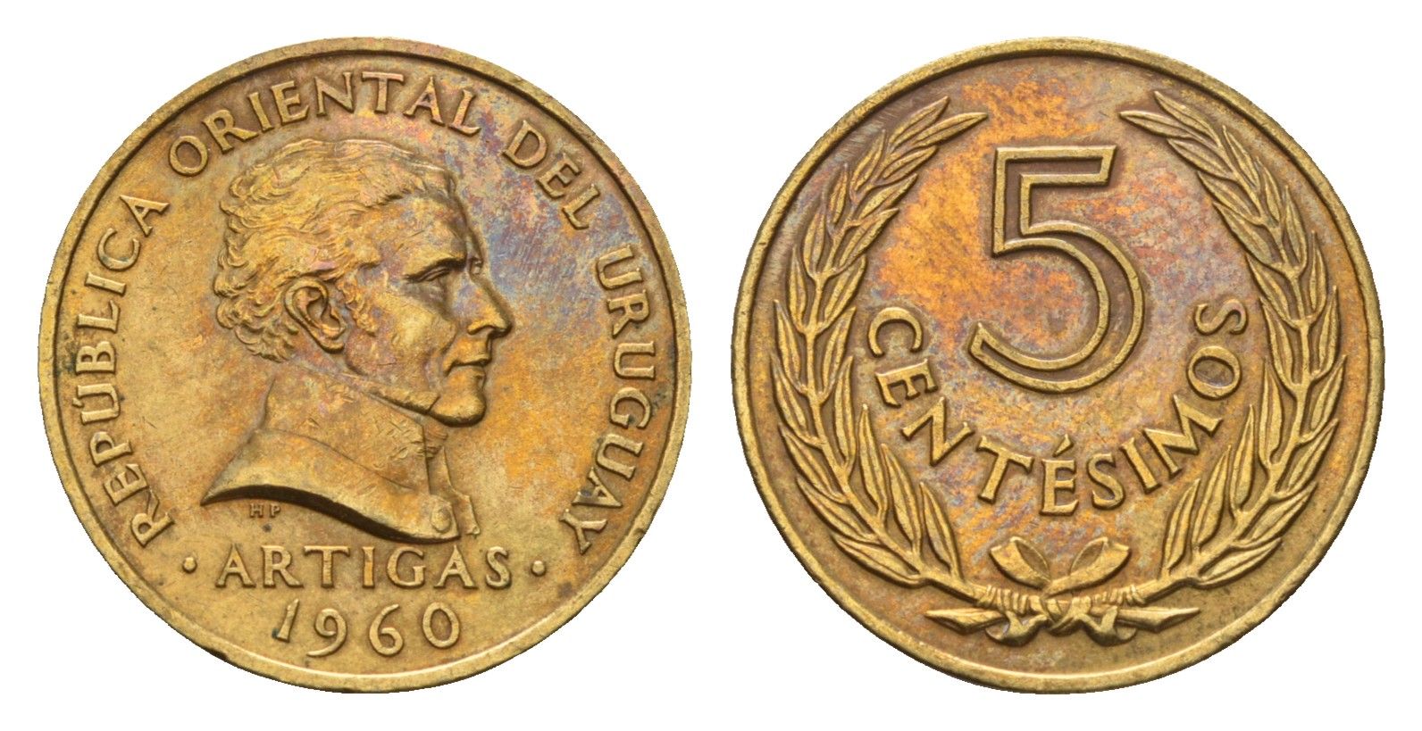 Уругвай 5 сентесимо 1960 KM 38 никель латунь 4643-715