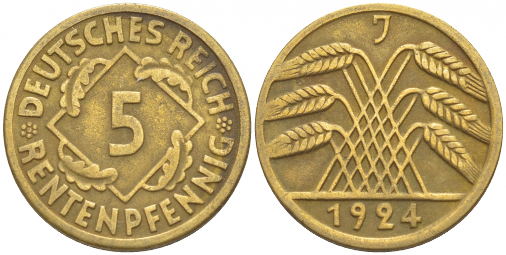 ГЕРМАНИЯ 5 РЕНТЕНПФЕННИГОВ 1924 J, KM 32, J. 308 алюминиевая бронза 4532-545
