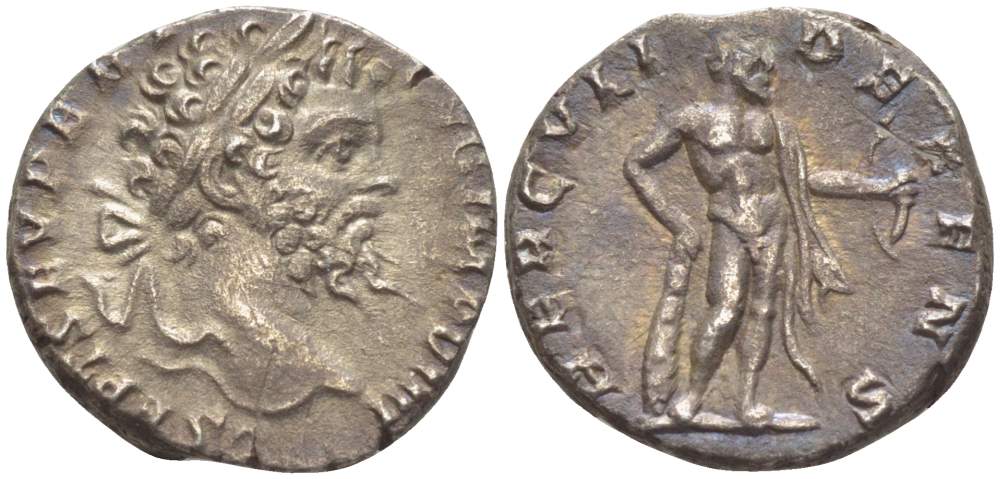 Римская Империя денарий 196 - 197 Септимий Север, L SEPT SEV PERT AVG IMP VIIII, бюст императора / HERCVLI DEFENS, Геракл, Рим, 2,98 гр RIC 97 серебро 1073-18-81