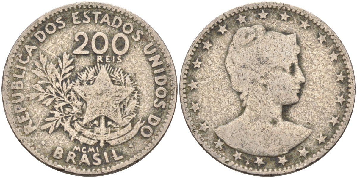 Бразилия 200 рейс 1901 голова свободы вправо KM 504 медно-никель 4589-1037