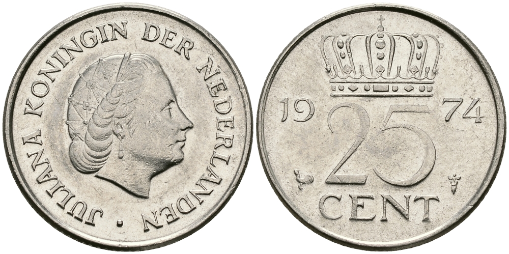 НИДЕРЛАНДЫ 25 ЦЕНТОВ 1974 ЮЛИАНА KM 183 никель 96-235