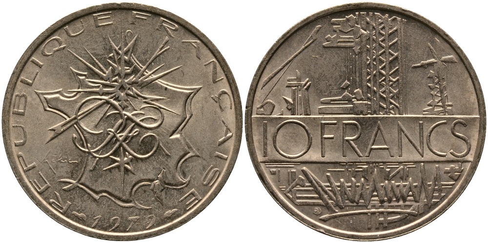 Франция 10 франков 1979 тип Матье KM 940, Le Franc 365.13-14 никель латунь 97-643