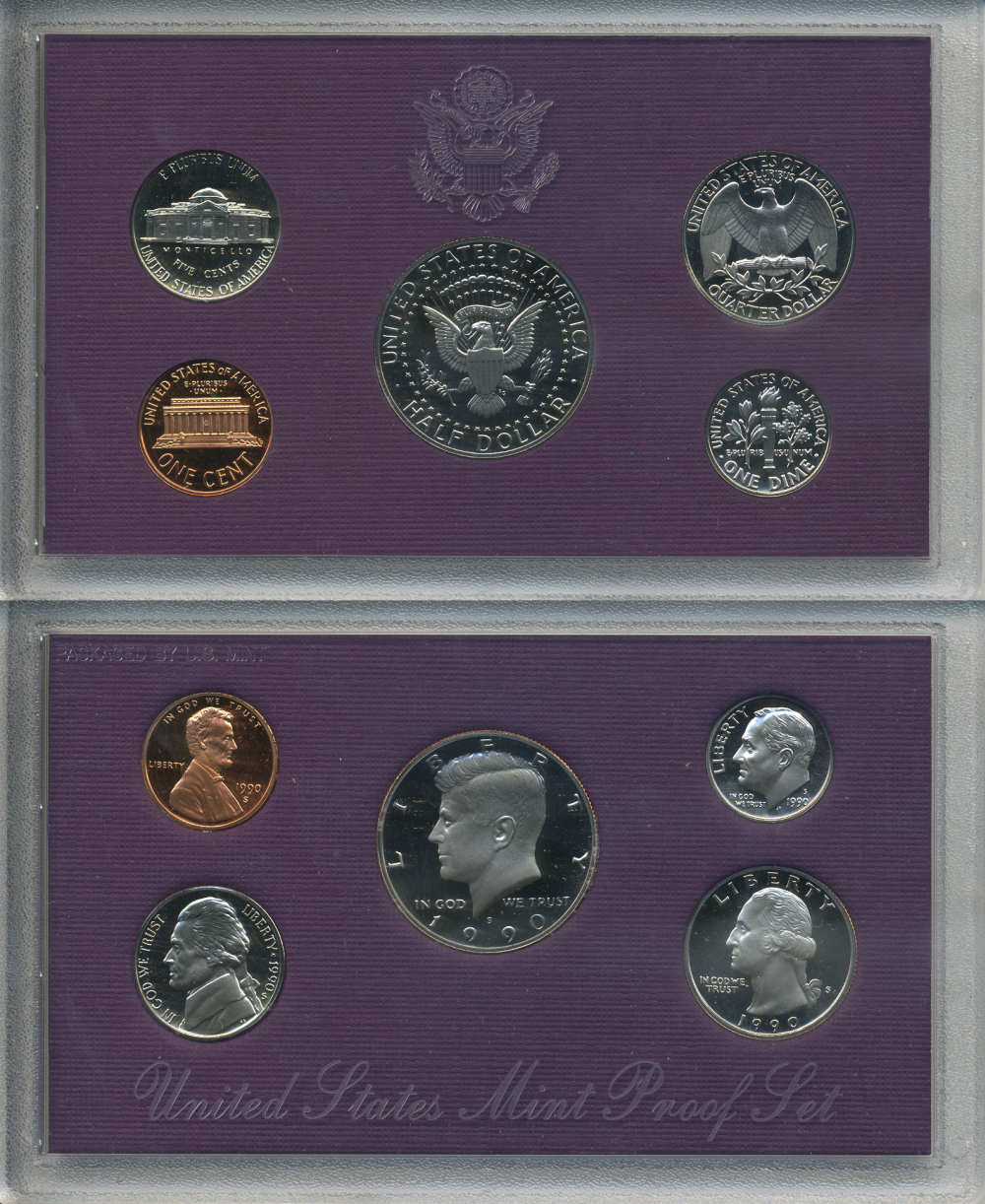 США официальный набор из 5 монет 1990 S, набор президентов, в пластике, оригинальная коробка, Кеннеди, с сертификатом PROOF 3-6-2-32