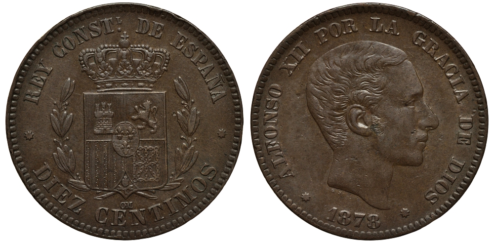 ИСПАНИЯ 10 СЕНТИМО 1878 OM, АЛЬФОНСО XII (1874-1885) KM 675 (Y70) бронза 650-1135