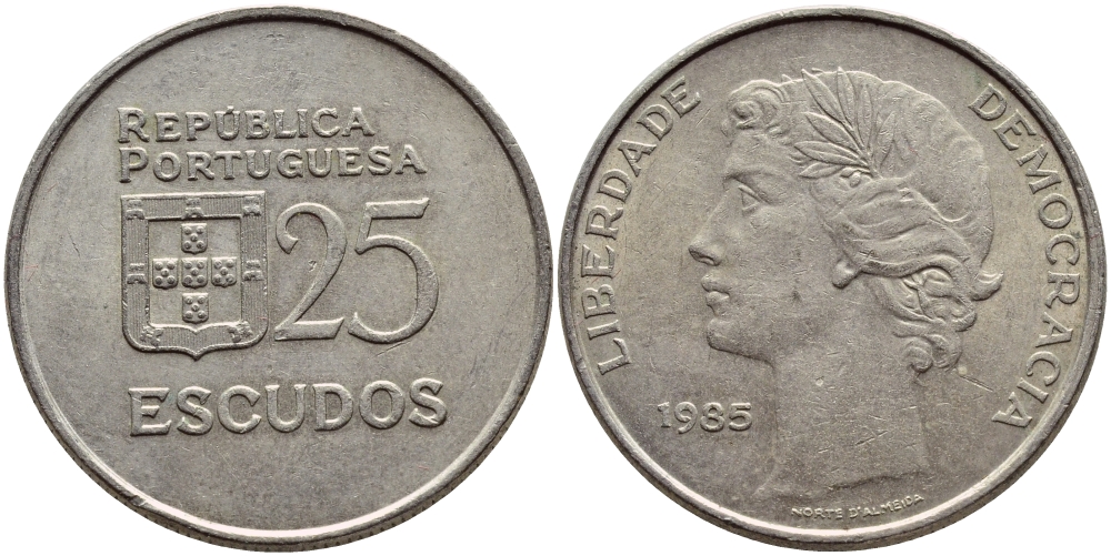 Португалия 25 эскудо 1985 KM 607а медно-никель 4394-811