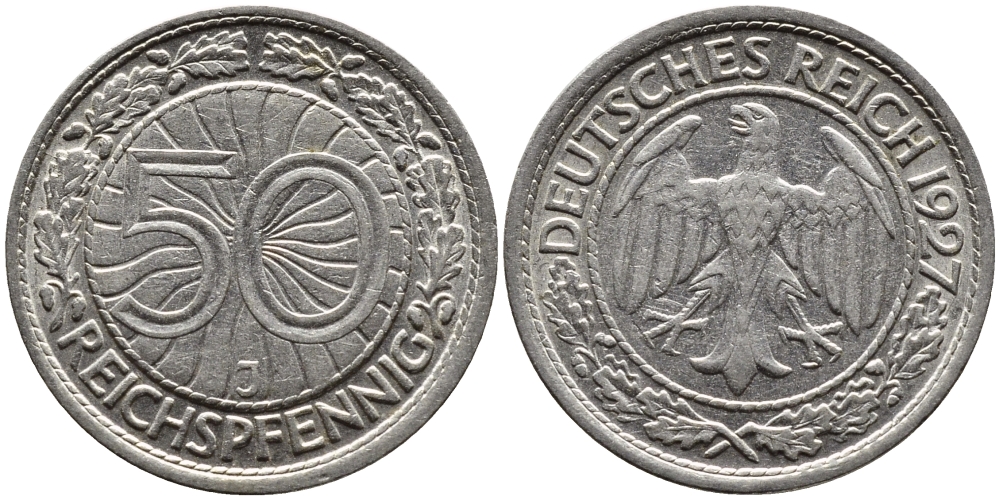 ГЕРМАНИЯ 50 РЕЙХСПФЕННИГОВ 1927 J KM 49, J. 324 никель 4387-1163