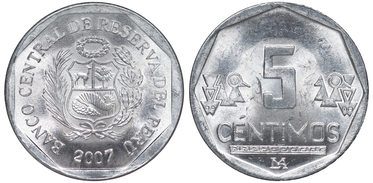 Перу 5 сентимо 2007 LIMA KM 304.4a алюминий aUNC 4189-1011