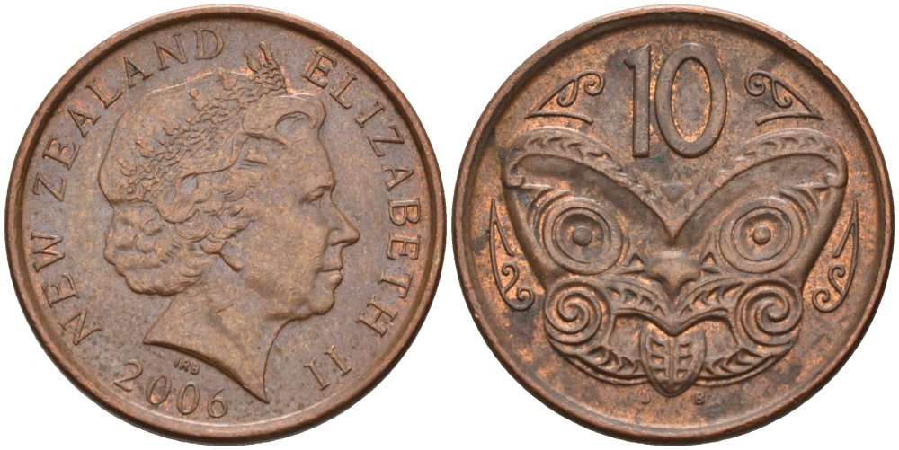 Новая Зеландия 10 центов 2006 маска Маори, Елизавета II (1952-) KM 117а сталь плакированная медью 186-422
