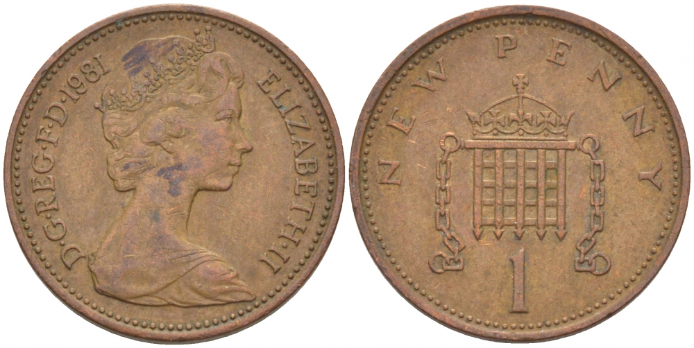 Великобритания 1 пенни 1981 Елизавета II (1952-2022) KM 915, Spink 4237 (B1) бронза 112-1257