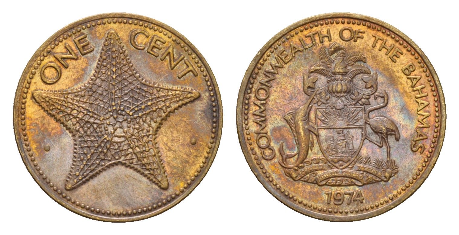 Багамские острова (Багамы) 1 цент 1974 морская звезда KM 59 латунь 4643-619