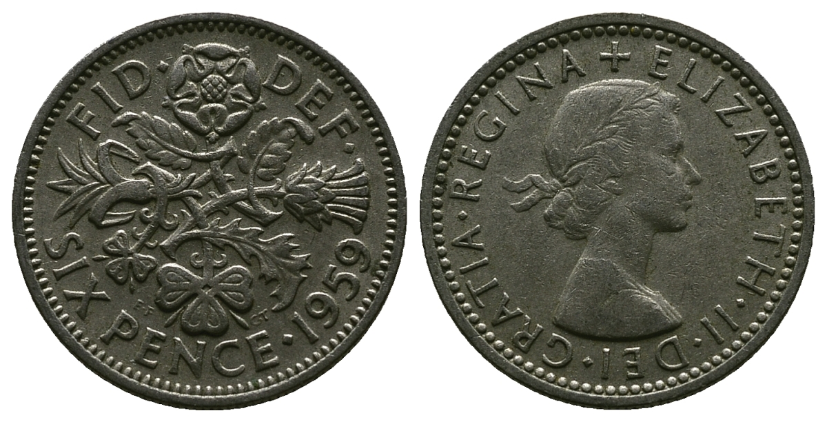 Великобритания 6 пенсов 1959 Елизавета II (1952-2022) KM 903, Spink 4149 медно-никель 4381-721