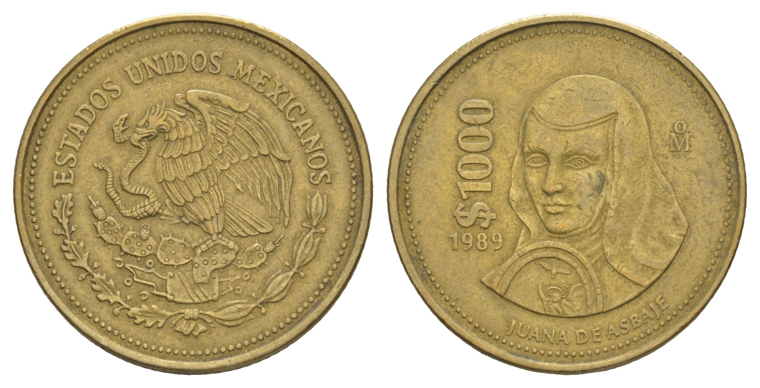 Мексика 1000 песо 1989 Мо, Хуана де Асбахе KM 536 алюминиевая бронза 4653-1025