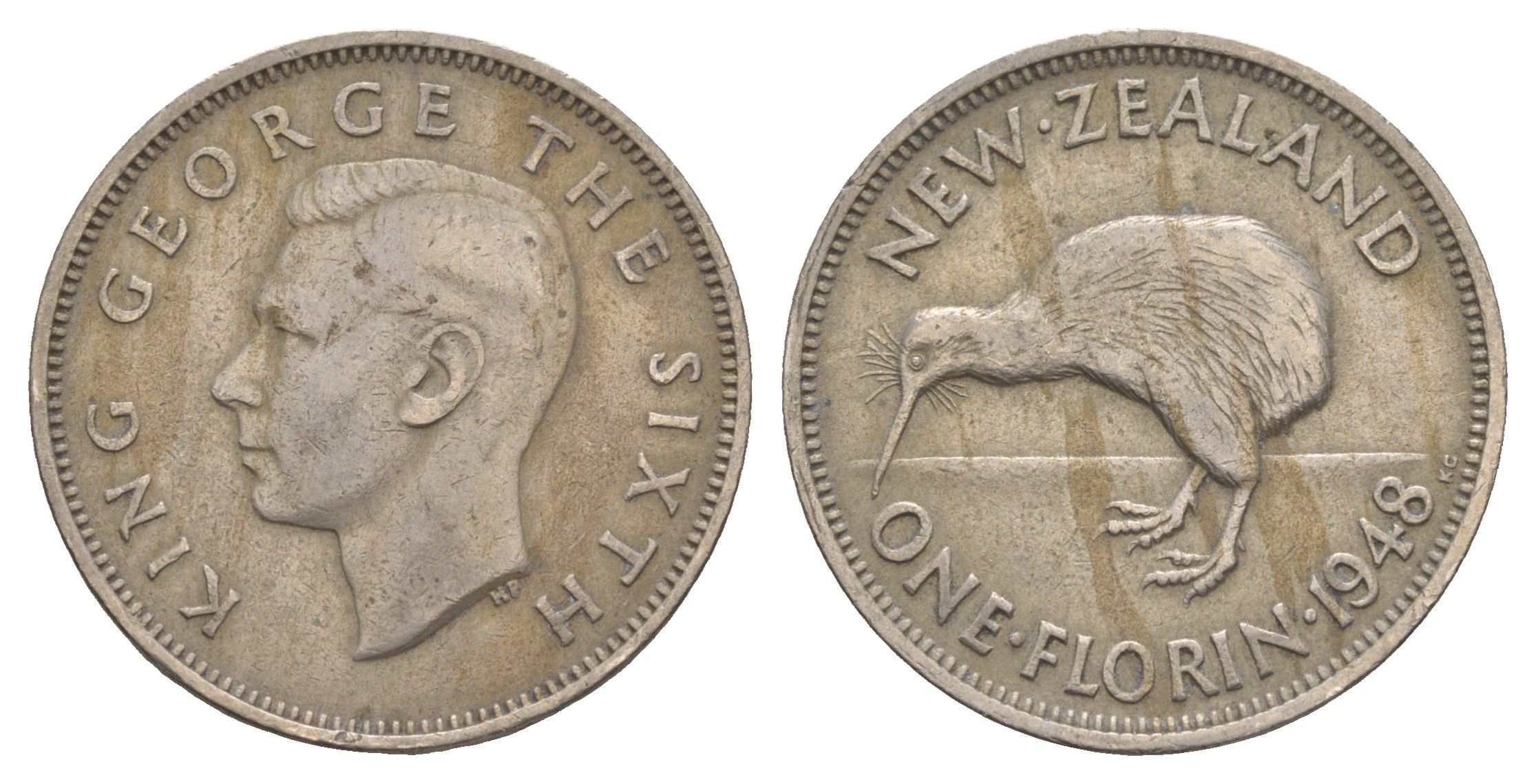 Новая Зеландия 2 шиллинга (флорин) 1948 Георг VI (1936-1952), птичка киви KM 18 медно-никель 4654-522