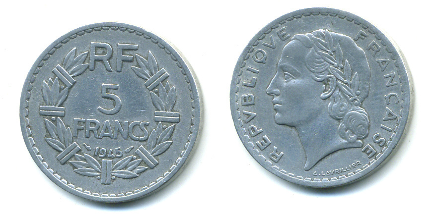 Франция 5 франков 1945 KM 888b.1, Le Franc 339.3 алюминий 59-1011
