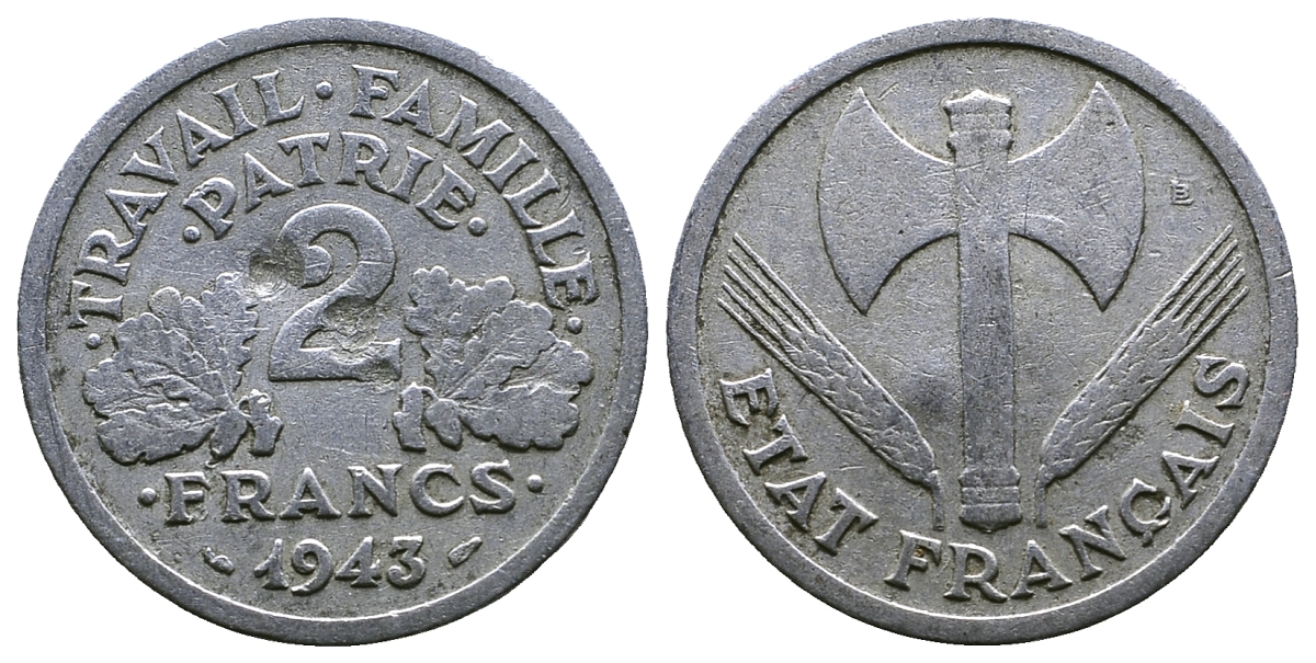 Франция 2 франка 1943 правительство Виши KM 904.1 алюминий 261-445