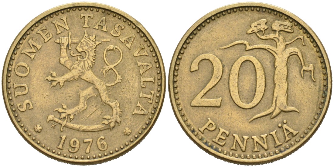 ФИНЛЯНДИЯ 20 ПЕННИ 1976 K KM 47 алюминиевая бронза 4563-323