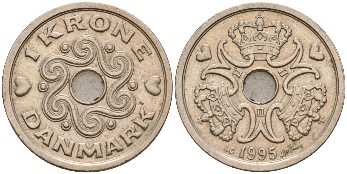 Дания 1 крона 1995 LG; JP; A, Маргрете II (1972- ) KM 873.1 медно-никель 4177-526