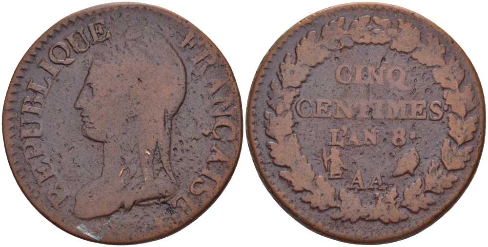 ФРАНЦИЯ 5 САНТИМОВ 1799 АA, КОНСУЛАТ (1799-1803) LAN 8 KM 640.2 (C 135.2) бронза 114-1044