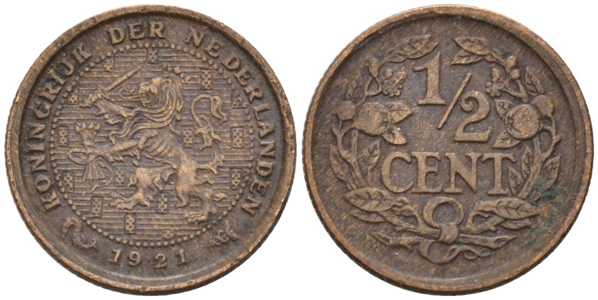 Нидерланды 1/2 цента 1921 Вильгельмина (1890-1948) KM 138 бронза 1528-312