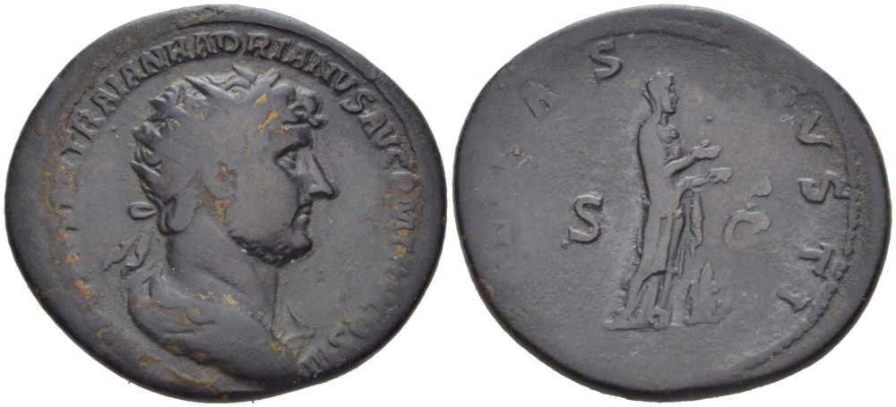 Римская Империя дупондий 119 - 121 Адриан, IMP CAESAR TRAIAN HADRIANVS AVG P M TR P COS III, бюст императора / PIETAS AVGVSTI S C, Рим RIC 601b бронза 1073-5-8-3