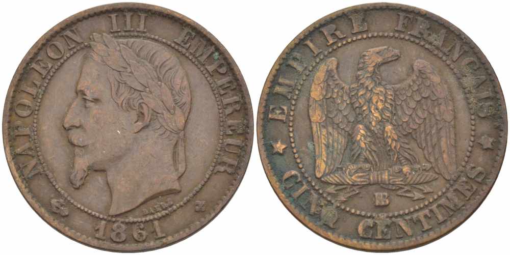 ФРАНЦИЯ 5 САНТИМОВ 1861 BB, НАПОЛЕОН III (1852-1870) KM 797.2, LE FRANC 117.3 бронза 108-514
