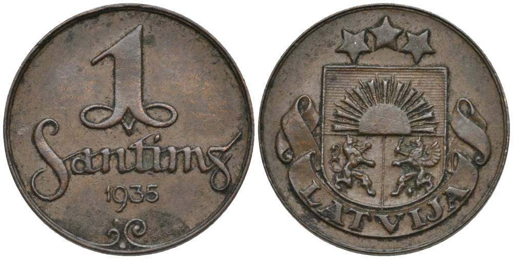 Латвия 1 сантим 1935 первая Республика (1918-1939) KM 1 бронза 4549-1225